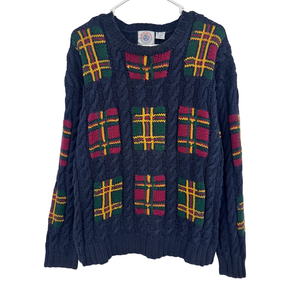 Rare Cape Isle Knitters Mens Navy Plaid Cable Knit Hand Knitted‎ Sweater Ramie M